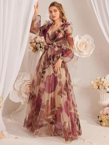 Image of TOLEEN Summer Casual Dresses for Women 2024 Spring Fashion Boho V Neck Long Sleeve Ruffle Floral Print Elegant Maxi Dress