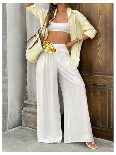 GORGLITTER Women's Wide Leg Pleated Pants Flare Bell Bottom High Waist Trousers with Pockets3