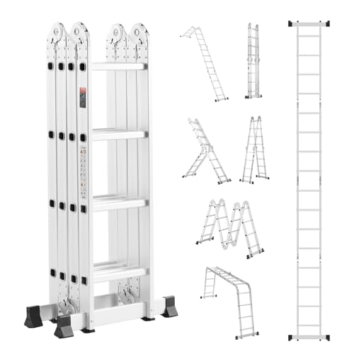 VEVOR Scala Pieghevole Multiuso, Scala Telescopica Regolabile 4 Gradini con Struttura ad A, Scala Estensibile per Impieghi Gravosi con Altezza 4,7 m Capacità 149,7 kg per Lavori Domestici all'Aperto