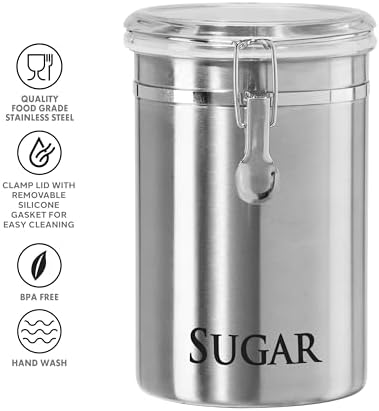 Oggi Stainless Steel Sugar Canister 62 fl oz - Airtight Clamp Lid, Clear See-Thru Top - Ideal Sugar Container for Countertop, Sugar Jar, Bulk Sugar Storage. Large Size 5" x 7.5". - Thumbnail 2