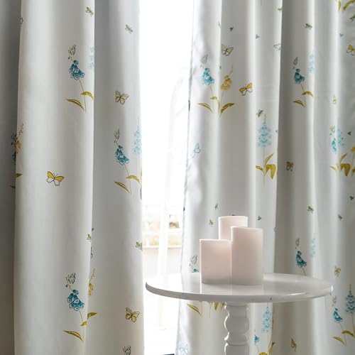 Image of Tranquebar Curtain Co. Semi Blackout Curtains 7 Feet Long, 80% Blackout, Blue Butterfly & Floral Print, Grey Fabric, Heavy Polyester, BackTab Loops, Titli (213 cm) - 1 Piece
