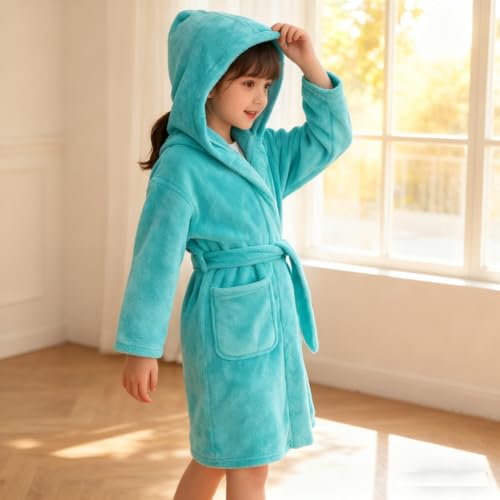 Image of Boys Girls Bathrobes,Toddler Boy Girl Robes,Children's Plush Soft Coral Fleece Hooded Pajamas Sleepwear for Kids