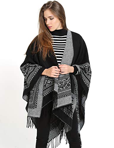 Superora-Damen-Poncho-Cape-Umhaengetuch-Stola-Strick-Pullover-Karierte-Deckenschal-Sweatshirt-Schal-mit-Fransen