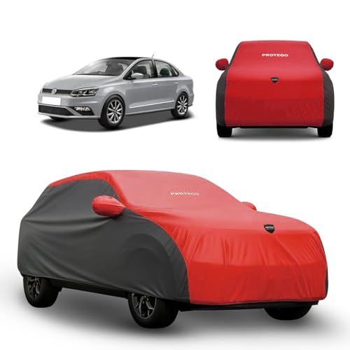 Image of PROTEGO Prime Series India's 1st Anti-Tear Car Cover for Volkswagen Vento | Heavy-Duty, Custom Fit, All Weather Protection | 100% Waterproof, Windproof & Hail Resistant | 2-Year Warranty | Red + Black