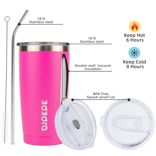 Image of BJPKPK 20oz Coffee Tumbler with Lid & Straw, Insulated Stainless Steel Mug | Double Wall Vacuum, Keeps Hot /Cold, BPA Free, Leak Proof, Iced Coffee Cup Fit Car Holder, Travel & Beach, Pink