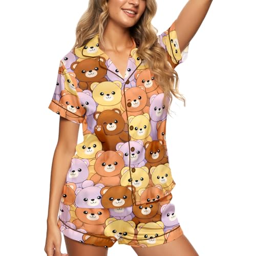 Image of HUNTFAMI Womens Soft Silky Satin Pajamas Set, 2 Pcs Sleep Short Pajamas for Mom and Grandma Button Down Summer Loungewear