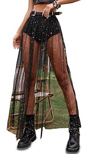 Rave Outfits for Women 2 in 1 Sheer Skirt Festival Clubwear Mesh High Waist Print A Line Maxi Skirt Black2# Star-L