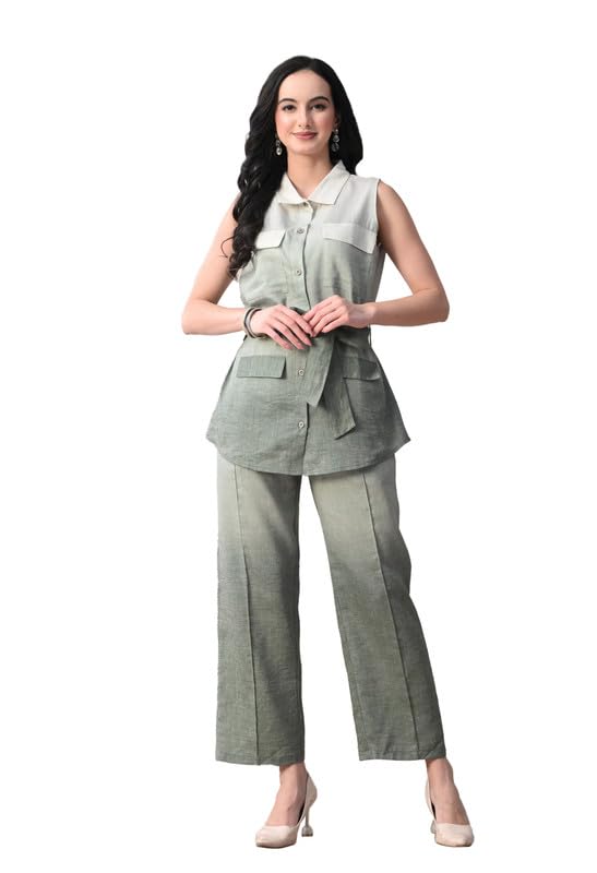 kiza Women Linen Co-ord Set | Sleeveless Tunic Top with Straight Pants | Lightweight Breathable Summer Outfit | Ombre Stylish Two Piece | Casual Office Wear-picture-29