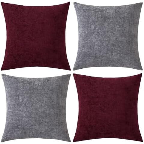 GAWAMAY Pack of 2 Couch Throw Pillow Covers 18x18 Inch Soft Square Chenille Pillow Cover for Sofa Living Room Bedroom Car Solid Dyed Pillow Cases (Only Pillowcases) 45x45cm,Grey, Red Cover