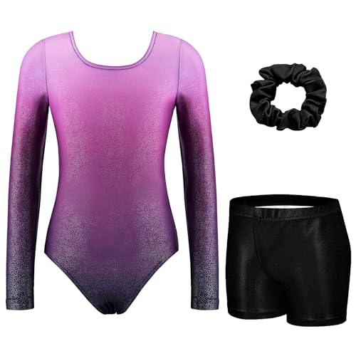Arshiner Mädchen Lila Gymnastik Turnanzug Kinder Langarm Tanztrikot mit Hose Haarband Akrobatik Anzug Funkelnd Glänzend Tanz Unitards Tumbling Outfit 150/8-9 Jahre
