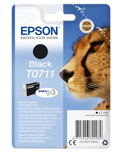 Epson T0711 Guépard Noir, Cartouche d'encre d'origine, D78 D120 DX4000 DX5000 DX6000 DX7400 DX8400 DX9400F S20 S21 SX100 SX105 SX110 SX200 SX210 SX215 SX400 SX410 SX510W SX600FW BX300F B40W BX600FW