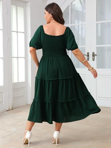 Image of Women's Plus Size Wedding Guest Dress Midi Smocked Square Neck Short Sleeve Tiered Ruffle Casual Dresses