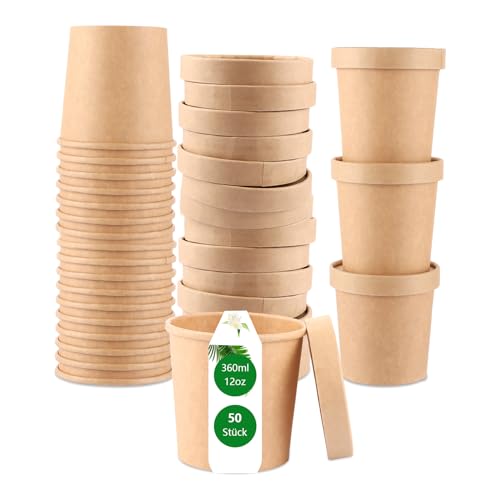 APACALI 50PCS Gobelets à Soupe à Emporter avec Couvercle Marron 360 ml, Gobelet compostables avec revêtement intérieur, Gobelets carton Pour crème...