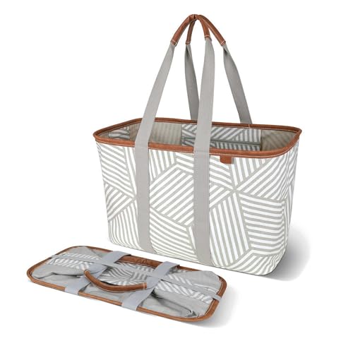 Image of Reusable Bag: Collapsible LUXE Tote, Geometric Taupe - 30L (8 Gal) Structured Tote Bag with Handles