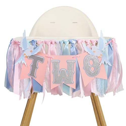 Cinderella Two High Chair Banner - Cinderella Inspired 2nd Birthday Decorations Fairy Princess Party Photo Props Sweet Second Birthday Highchair Garland Two Birds Fairy Pink Blue Ribbon Banner