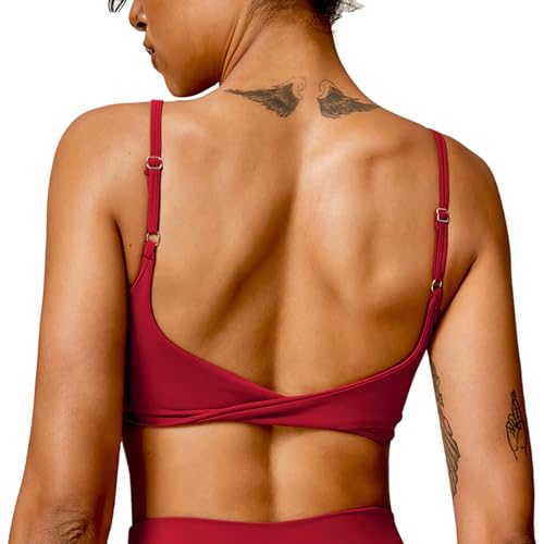 Image of QUOJIZY Sports Bras for Women Open Back Workout Tops for Women Yoga Bra Spaghetti Straps Twist Back