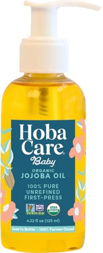 Image of HobaCare Organic Jojoba Baby Oil with Pump – 100% Pure Natural Unrefined Unscented Cold Pressed Jojoba Oil for Baby Hair, Infant Skin, Body Care (4.22 oz)