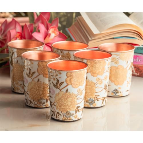 Image of INDIAN ART VILLA Copper Gold Flower Print Glass - 275 ML, Handcrafted Ayurvedic Copper Drinkware for Daily Use, Elegant Water Glass for Home, Office, and Special Gifting, Set of 6