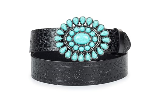 UTOWO Western Cowgirl Belt for Women,Vintage Engraved Tooled Leather Belt Turquoise Cowboy Country Belt2