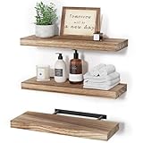 upsimples Floating Shelves for Wall Decor Storage, Brown Wall Mounted Shelves Set of 3, Sturdy Rustic Wood Shelves Hanging for Bedroom, Bathroom, Living Room, Kitchen, Corner, Book