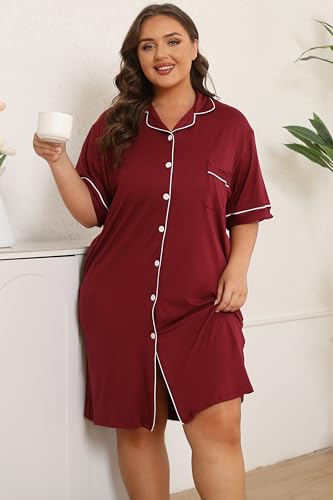 Image of Vozanet Women Button Down Nightgown Plus Size Nursing Nightshirt Boyfriend Nighty Bridal Sleepdress with Pockets XL-5XL