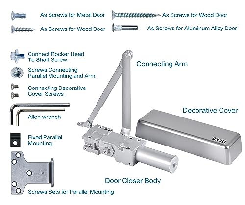 Image of SOPHIA Automatic Door Closer Heavy Duty, Commercial Grade 1, Adjustable Spring Size 1-6 for High Traffic, ADA Compliant & UL Listed, Door Hydraulic Closer, Backcheck & Delayed Action, Silver