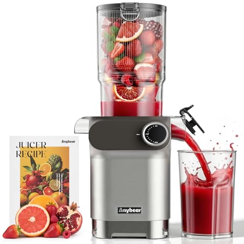 Anybear Slow Juicer, 200W Cold Press Juicer 4.3' Large Feed Chute Fit Whole Fruits Vegetables | Heavy-Duty Auger | Tritan Material | BPA Free | Juice Recipes (Silver Gray)