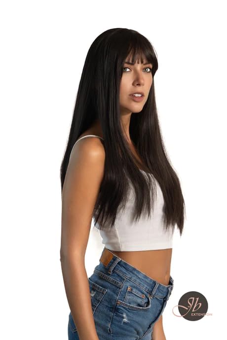 Miniatura 4 de LUNA - Peluca larga y lacia de color negro natural con flequillo completo, para usar y llevar, sin pegamento, pelucas sintéticas naturales para uso