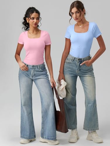 Image of OQQ Women Bodysuits Ruched Short Sleeve Square Neck Stretch Lounge Travel Bodysuits