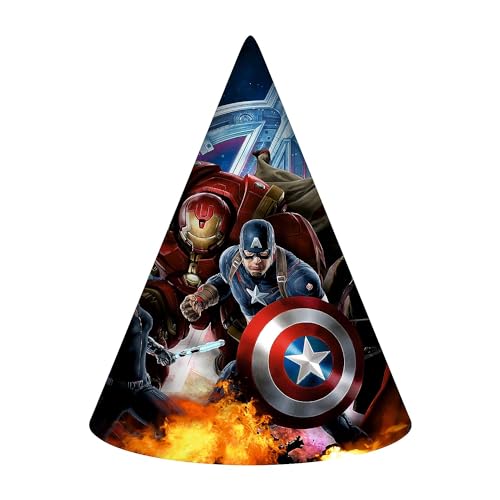 Image of WANNA PARTY Birthday Caps for Avenger, Cone Hats for Avenger Theme Birthday Celebration,Superhero Theme Party Decoration,Avenger Birthday Decorations(Pack of 8)