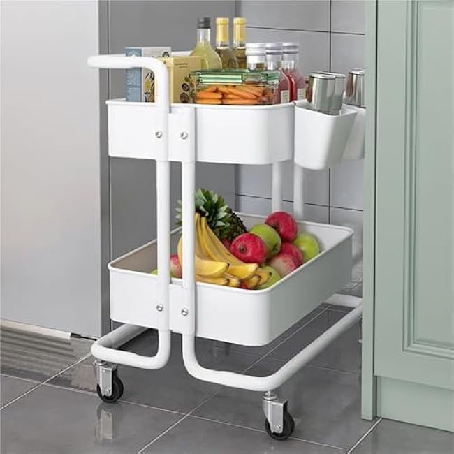 ´¢Îï³µ 2-Tier Rolling Storage Cart with Plastic Baskets & Handle - Mobile Organizer Utility Cart with Shelves for Dish Storage, Bathroom Accessories, Kitchen Organization(Dark Blue)-PAGqFwC5