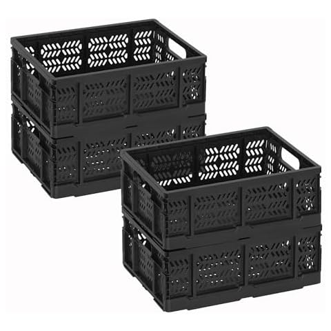 Senloglb 4-Pack Collapsible Storage Crate 20L Portability Foldable Crate for Organizing, Rectangular Stackable Plastic Milk Crates With Handles, For Home, Kitchens, School and Classroom, Black Cover