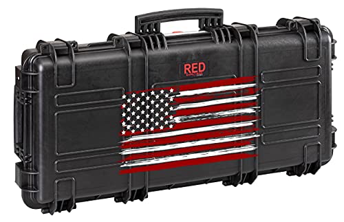 RED by EXPLORER Hard Rifle Case, Waterproof Short-barreled Rifle (SBR) Case with Double Egg Foam Layers and US Flag Print Lid, 31" long, Black, Made in Italy - EXPLORER CASES