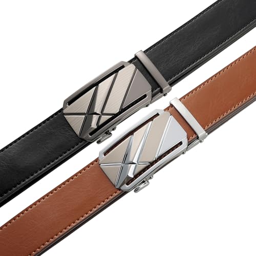 Image of 2 Pack Ratchet Belt 1 3 /8 inch, Mens leather Dress Belt in Gift Set Size 28 inch-62 inch Adjustable waist Trim to Fit