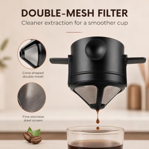 Image of Reusable Pour Over Coffee Filter with Dual-Layer 304 Stainless Steel Mesh, Foldable Handles, BPA-Free Coffee Dripper Filter for Single Cup Brewing, Portable Reusable Coffee Filter