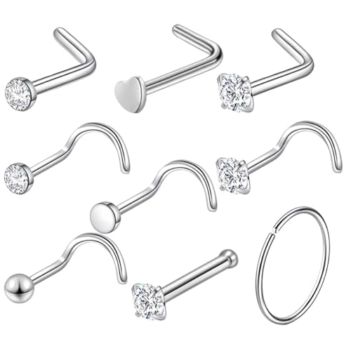 BZKSER Piercing Oreille - 9 pcs Bouchons de perçage de Nez, Anneau de Nez, Piercing de Nez, Clou de Nez en Spirale en Acier Chirurgical, Anneau de Cerceau de Nez, Bijoux de perçage de Nez