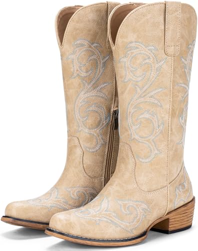 Best Cowgirl Boots for Line Dancing Real Cowhide 12 Jeossy Women's Tan Cowboy Boots Wide Calf Mid Calf Western Cowgirl Embroidered Low Chunky Heel Side Zipper Round Toe Botas Vaqueras Walk Country Concert Size 08, (DJY9808 tan 08)