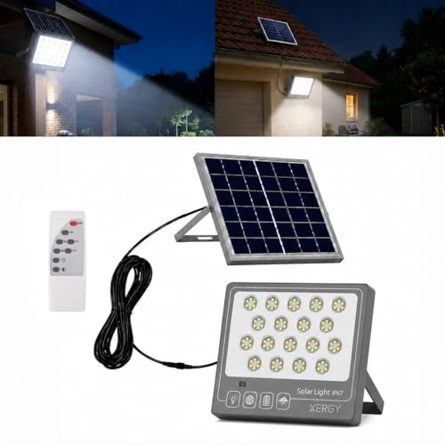 Image of XERGY 50W Solar LED Flood Light with Remote - 108 Bright LEDs, IP67 Waterproof Build, Smart Dusk-to-Dawn Sensor, 1200mAh Battery, Ideal for Garden, Home, Wall, Porch, Shed (5m Cable Included)