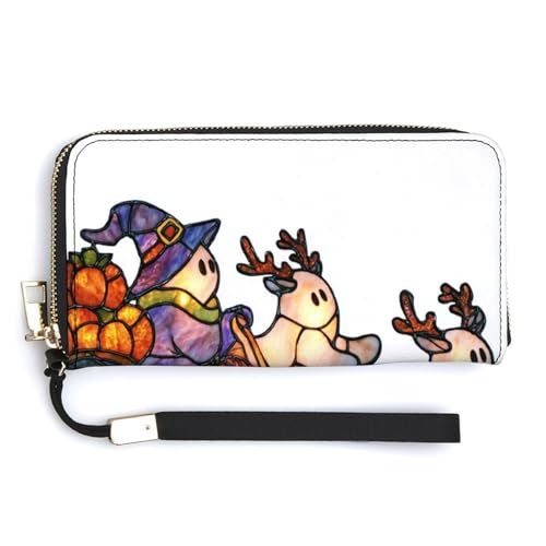 Stained Glass Cute Small Ghosts with Reindeer PU Leather Clutch Long Bifold Wallet, Coin Purse Credit Pass Case, Durable Card-Holder Money Storage for Women Men