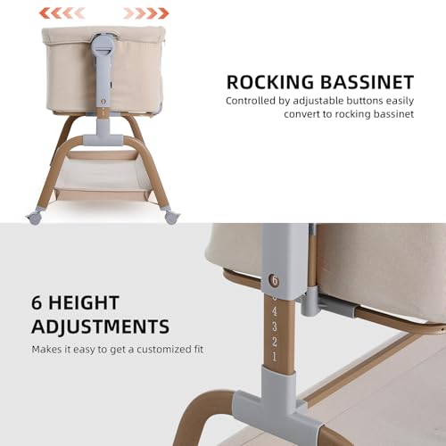 ANGELBLISS 3 in 1 Baby Bassinet, Rocking Bassinets Bedside Sleeper with Comfy Mattress and Wheels, 6 Height Adjustable Easy Folding Portable Bedside Crib for Newborn Infant (Khaki) - Image 4