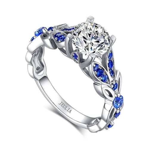 Jeulia Simulated Gemestone Butterfly Rings Sterling Silver Round Cut Bridal Set Birthstone Sapphire...