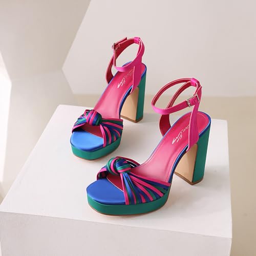 sun gurg Strappy Platform Heels for Women Square Open Toe Chunky High Heels Multicolored Ankle Strap Block Heeled Sandals for Prom Wedding Date Night4
