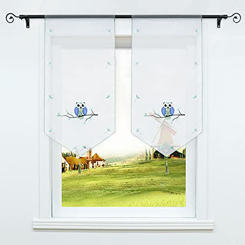 Rideau brise-bise Corlif - Motif hibou - Transparent - Brodé - Avec pompon - 60 x 120 cm - Vert