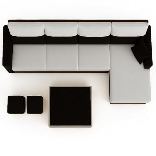 Image of FURNY Arissa 8 Seater Fabric RHS L Shape Sofa Set with 1 Centre Table & 2 Puffies (Light Grey-Black) Premium Velvet Finish | Ideal of Living Room