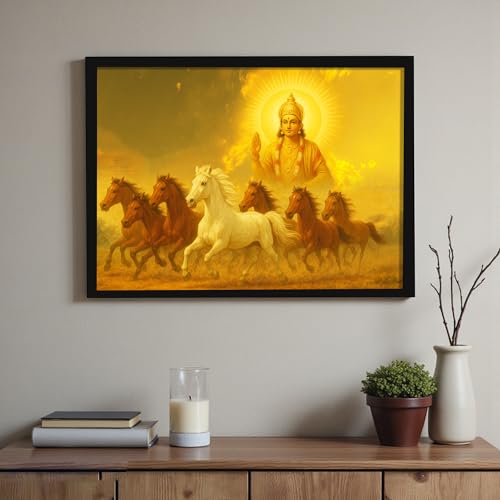 Image of Divine 7 Running Horses Vastu Framed Wall Art Painting for Living Room | Golden Spiritual Seven Horse Painting With Frame Symbol of Positivity & Progress Wall Art for Home & Office, 14x18 Inch