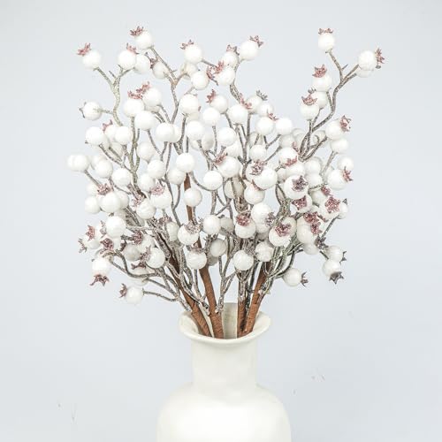 6PCS Christmas White Berry Stems,40CM Artificial White Berries Burgundy White Berry Picks Holly Berries Branches for Christmas Tree Decorations DIY Crafts Holiday Season Winter Home Decorations