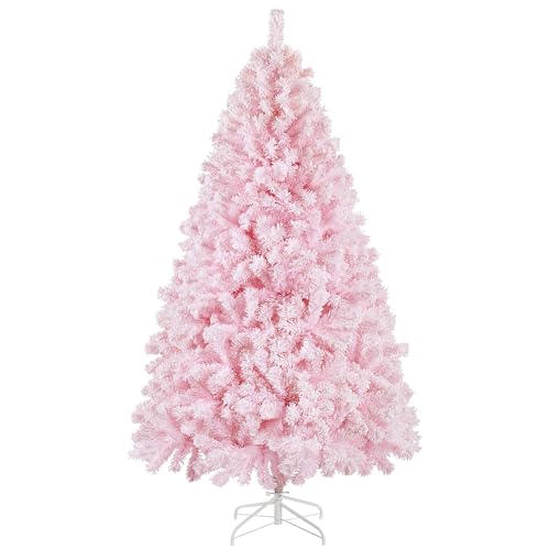 Yaheetech 6ft Christmas Tree Snow Flocked Artificial Tree Holiday Decorative with Foldable Stand 820 Tips, Pink