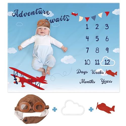 Image of Airplane Adventure Monthly Milestone Blanket with Pilot Hat and Picture Frames Aircraft Growth Tracker Calendar Soft Plush Fleece Photography Prop Backdrop Newborn Baby Boy Shower Gift 40" X 50"