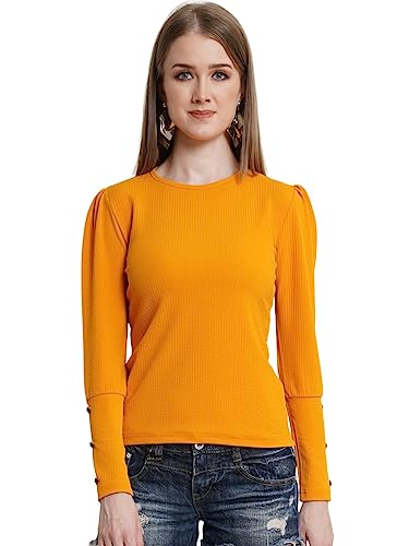 Image of POPWINGS Casual Solid Puff Button Long Sleeves Top for Women || Summer Round Neck Stylish Western Top for Jeans