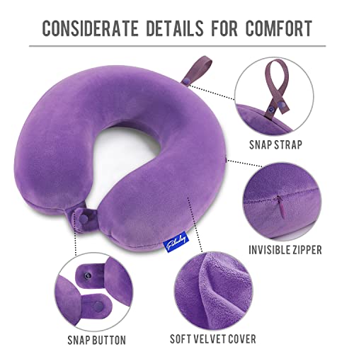 Image of Neck Pillow for Travel Memory Foam - Airplane Pillows for Sleeping with Attachable Snap Strap Soft Washable Cover, Flight Pillow for Traveling, Car, Home, Office, Provide Head Neck Support Rest Purple